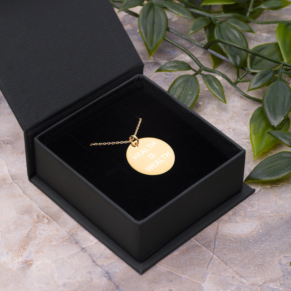 HEALTH IS WEALTH Engraved Silver Disc Necklace