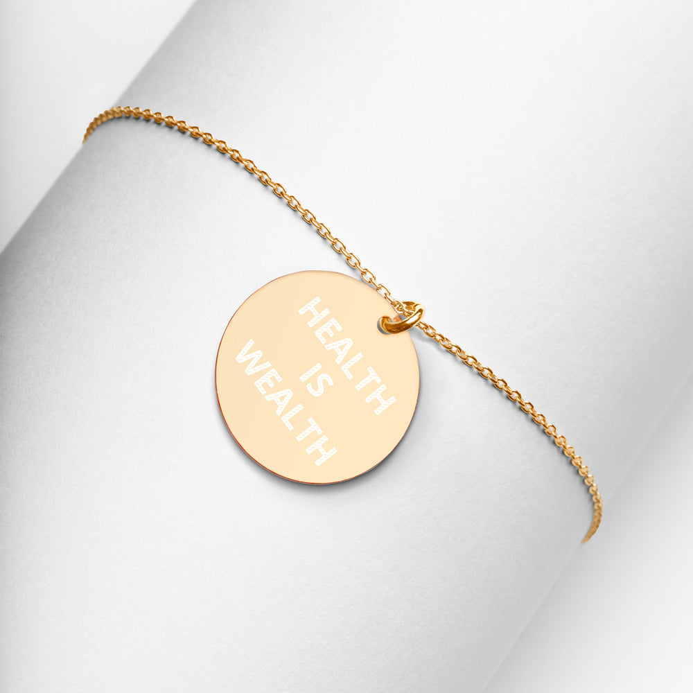 HEALTH IS WEALTH Engraved Silver Disc Necklace
