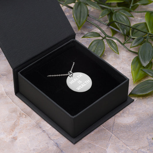 HEALTH IS WEALTH Engraved Silver Disc Necklace