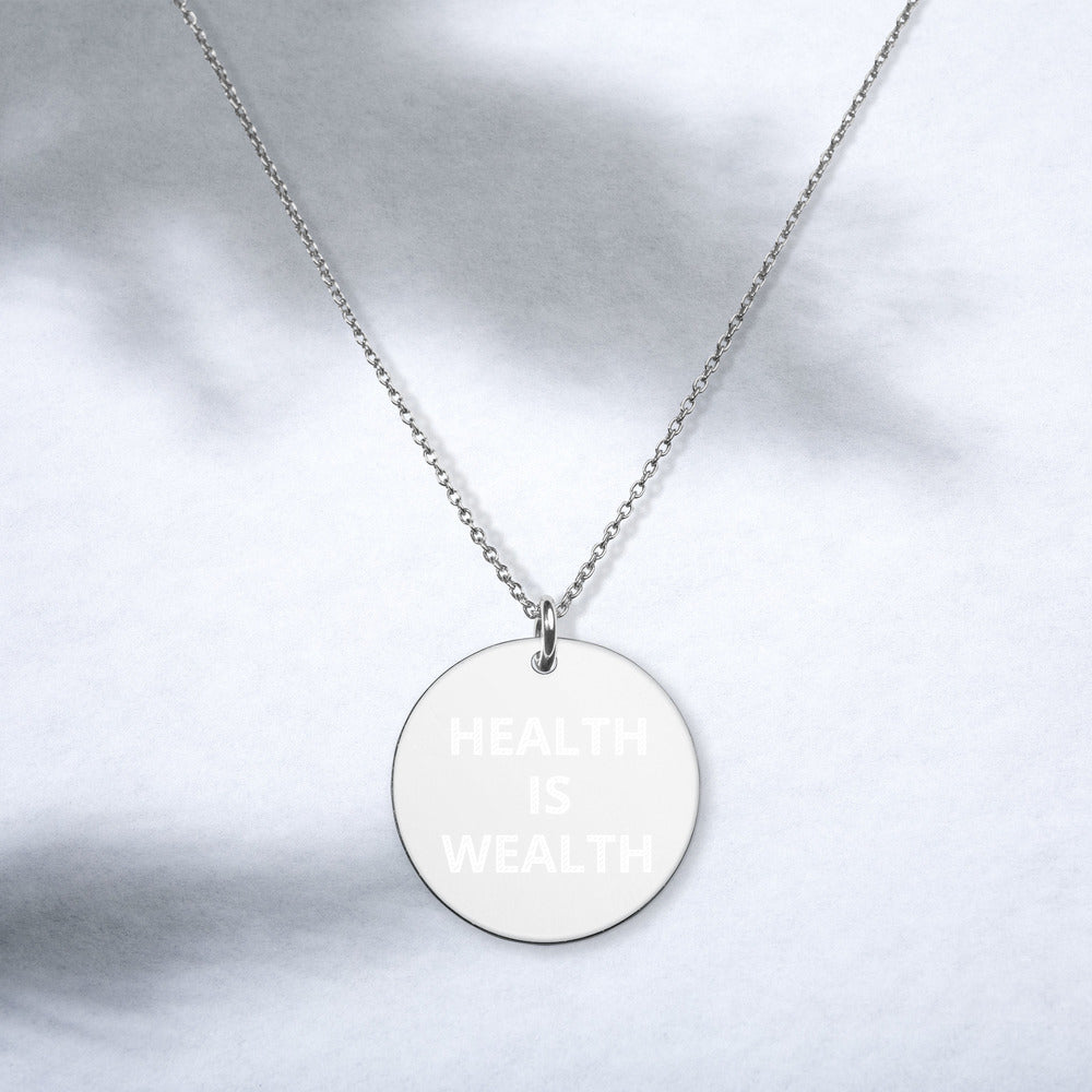 HEALTH IS WEALTH Engraved Silver Disc Necklace