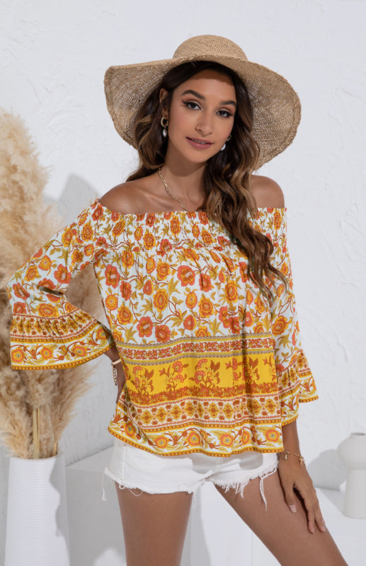 Women's One Shoulder Floral Flared Sleeve Top