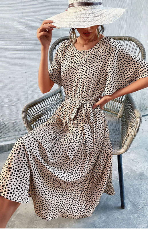 Crew Neck Leopard Print Tie-Up Fitted Dress
