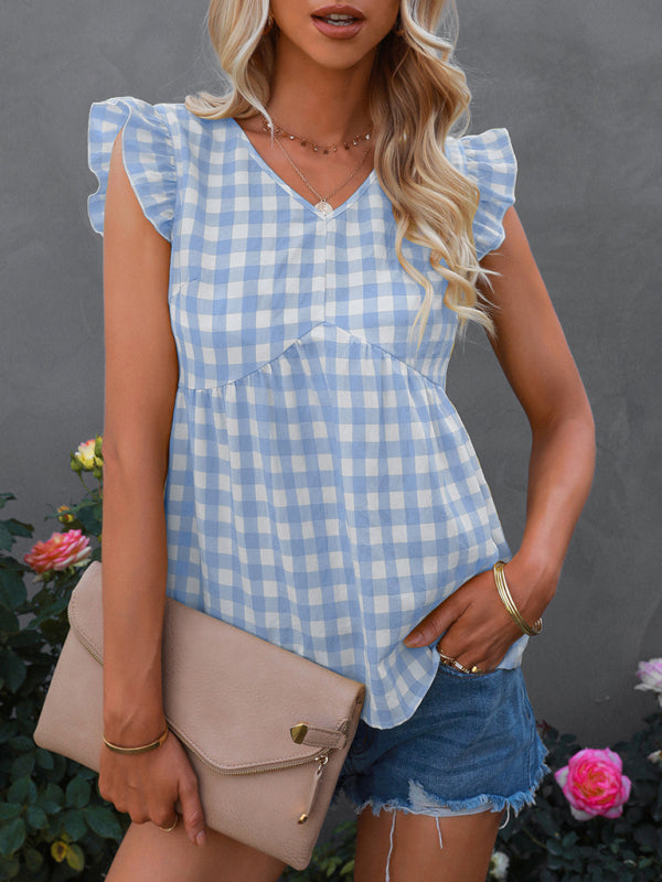 Women's V-neck sleeveless Plaid top