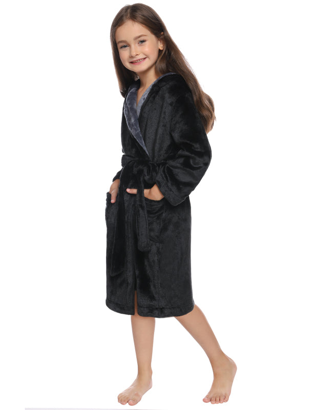 Kid’s Combo Color Hooded Plush Robe With Pockets