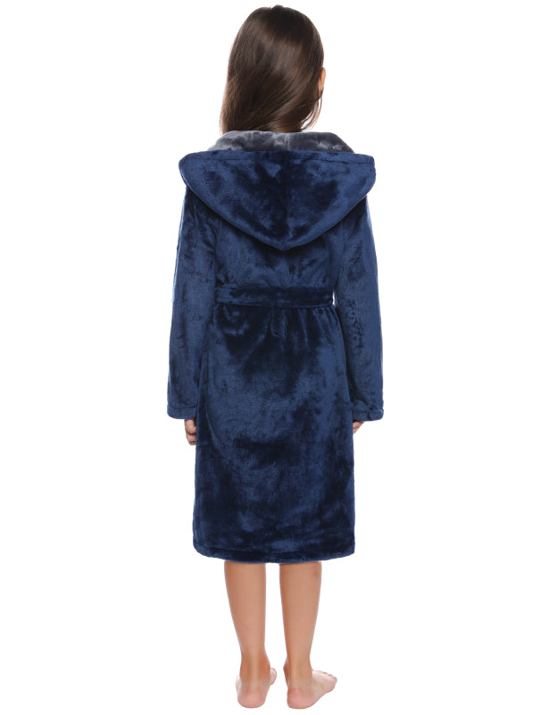 Kid’s Combo Color Hooded Plush Robe With Pockets