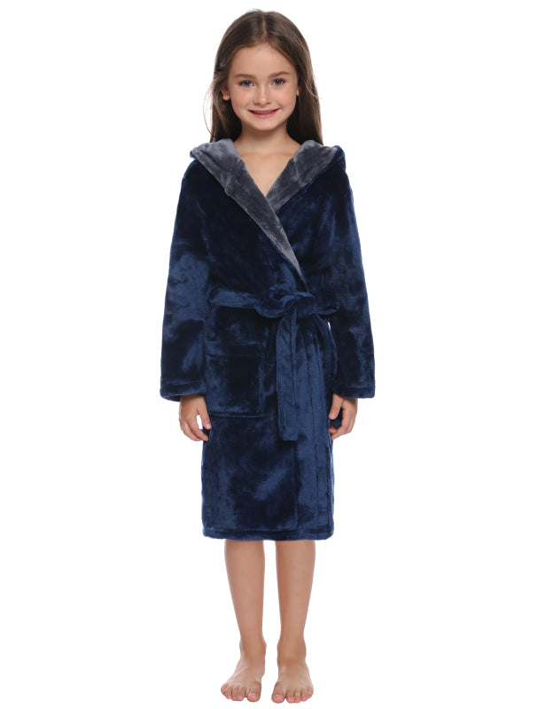 Kid’s Combo Color Hooded Plush Robe With Pockets
