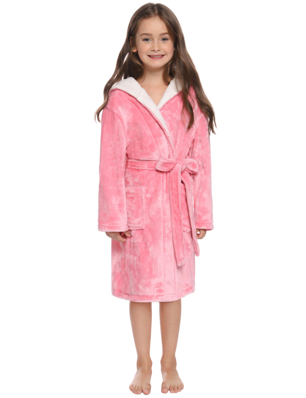 Kid’s Combo Color Hooded Plush Robe With Pockets