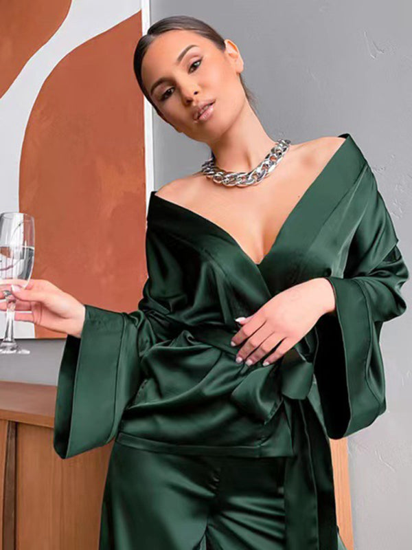Women's Solid Color Velour Robe & Pajama Pants Set