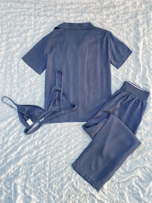 Women's solid color knitted casual pajamas three-piece set