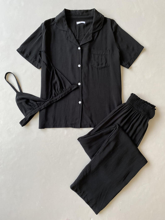 Women's solid color knitted casual pajamas three-piece set
