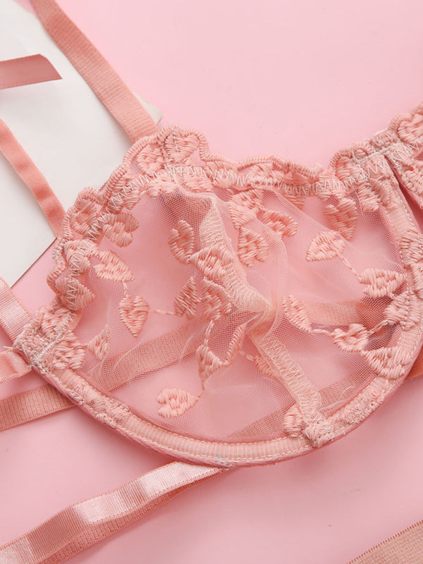 Women's Sexy Lace Embroidery Mesh See-Through Sexy Lingerie Three-piece Set