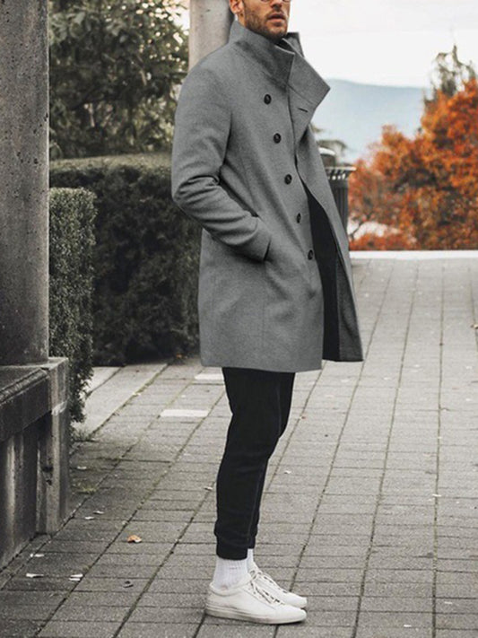 Men's Fashion Trench Coat Stand Collar Casual Woolen Coat Mid Length Coat