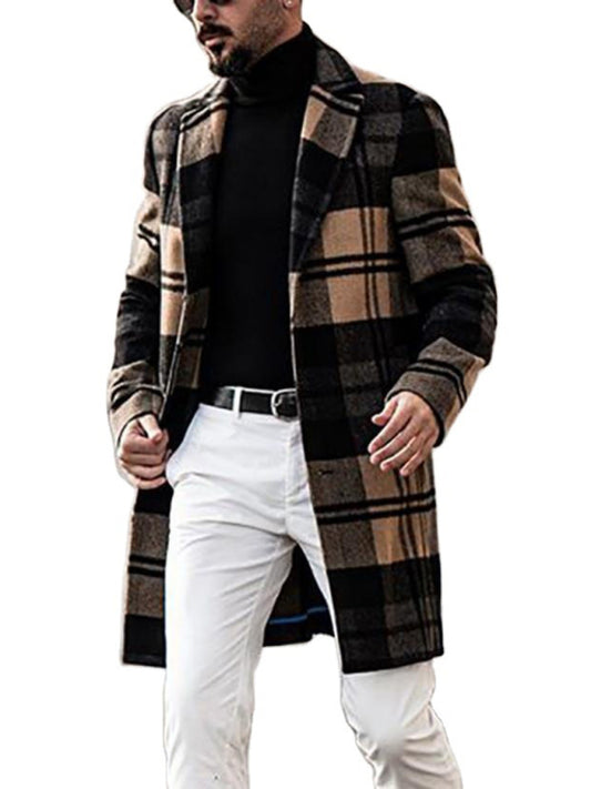 Men's Casual Fashion Plaid Coat Mid Length Coat Coat