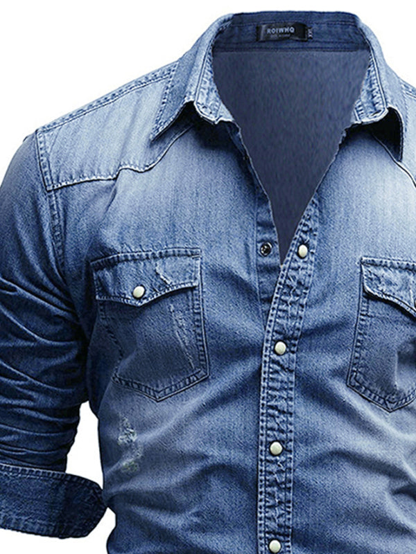 Casual Men's Double Pocket Men's Casual Long Sleeve Denim Shirt Jacket
