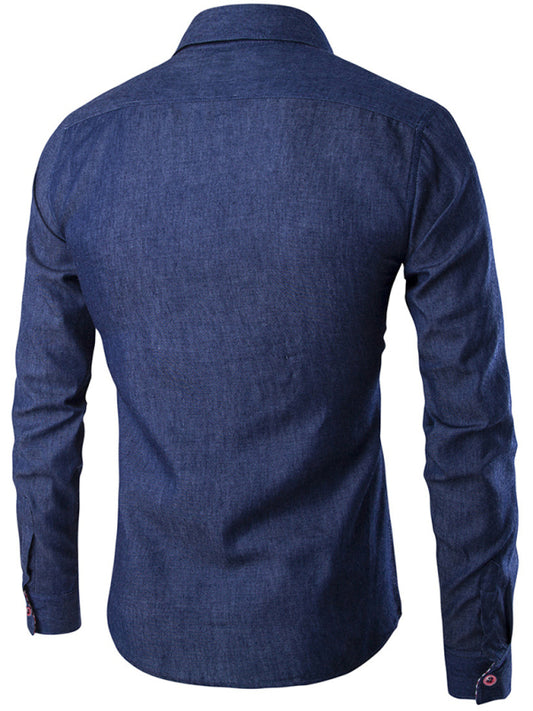 Men’s Solid Color Contrast Collar Long Sleeve Denim Shirt