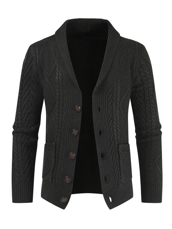 Men's Solid Color Shawl Collar Cable Stitch Cardigan