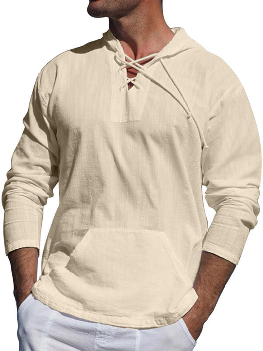 Men's Solid Color Adjustable Cross Straps Neck-line Hooded Knit Top