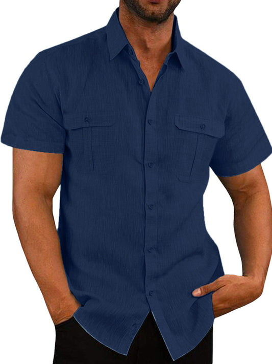 Men's Solid Color Double Pocket Short Sleeve Shirt Top