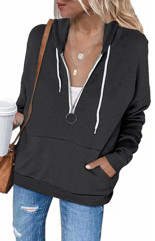 Women's Long Sleeve Patchwork Color Zipper Hoodie Coat