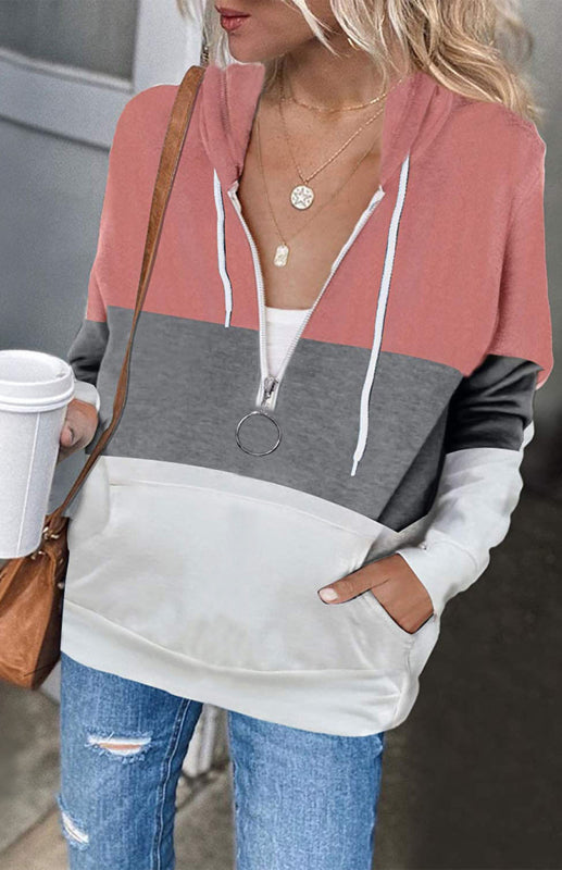 Women's Long Sleeve Patchwork Color Zipper Hoodie Coat