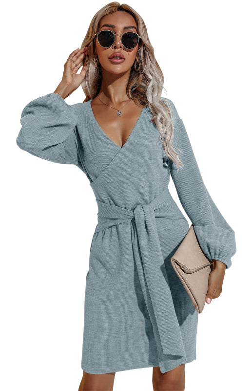 Women's Autumn And Winter New Long-Sleeved Hip V-Neck Tie Solid Color Dress