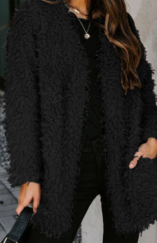 Women'S Solid Color Long Sleeve Tweed Velvet Autumn And Winter Top Coat