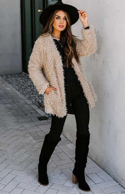 Women'S Solid Color Long Sleeve Tweed Velvet Autumn And Winter Top Coat