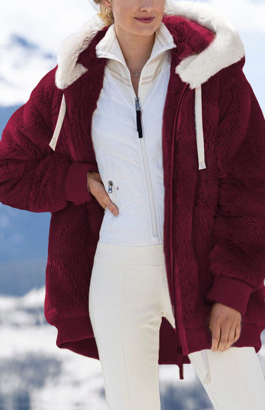 Women's Autumn And Winter Loose Pure Plush Zipper Hooded Coat
