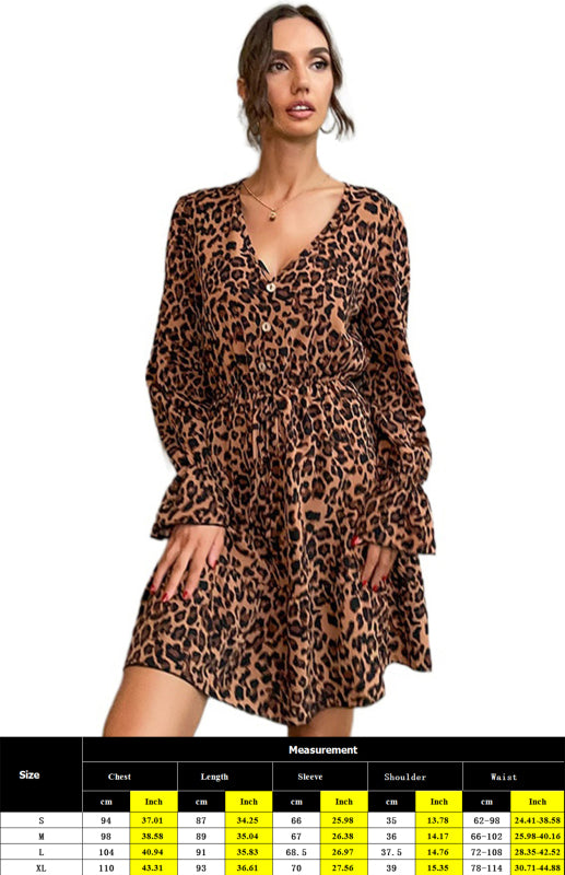 Ladies Leopard Print Flare Long Sleeve V-Neck Dress
