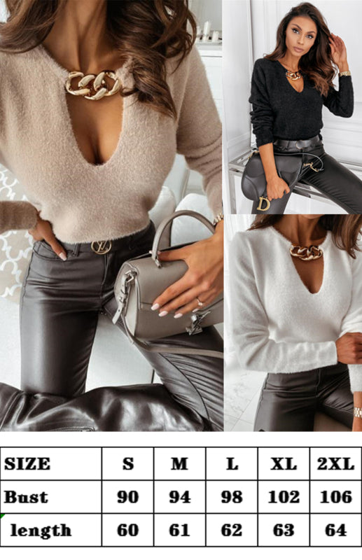 Autumn Winter Simple Long Sleeve V-Neck Decorative Chain Plush T-Shirt
