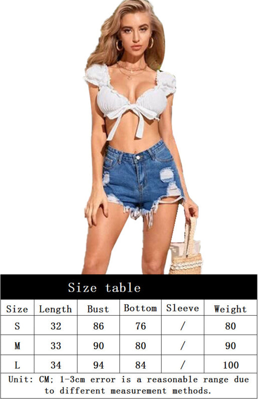 Corset Top With Hollowed-Out Lace And Exposed Navel V-Neck Wooden Ear T-Shirt