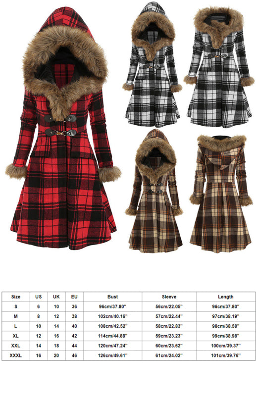 A Hooded Fur Coat With Alloy Buttons And Long Sleeves Of Plaid