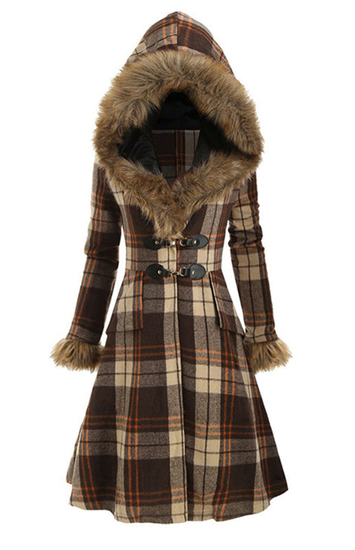 A Hooded Fur Coat With Alloy Buttons And Long Sleeves Of Plaid