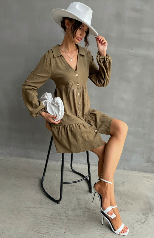 Women's New Lapel V-Neck Button-Embellished Shirt Dress