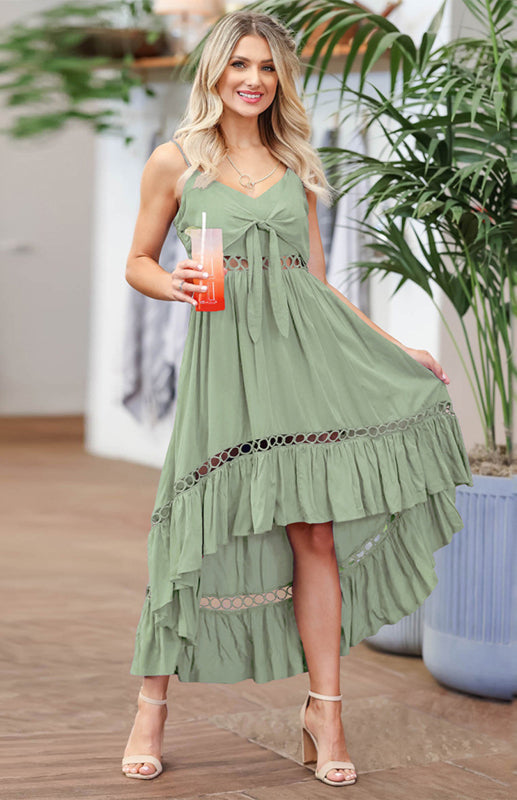 Women's Irregular Solid Color Sling Sexy Show Waist  V Neck Spaghetti Strap Maxi Dress