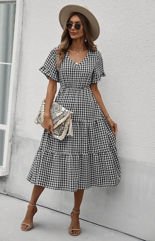 Women's spring and summer sexy big swing skirt plaid temperament dress