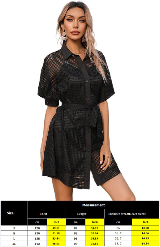 Ladies Lapel Tie Black Mesh Sheer Dress