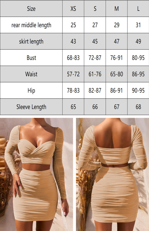 Long-sleeved Sexy Low-cut Pleated Hip Skirt Two-piece Suit
