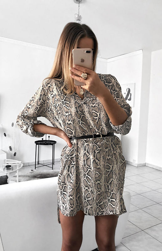 Women's V-Neck Long Sleeve Snake Print Shirt Dress