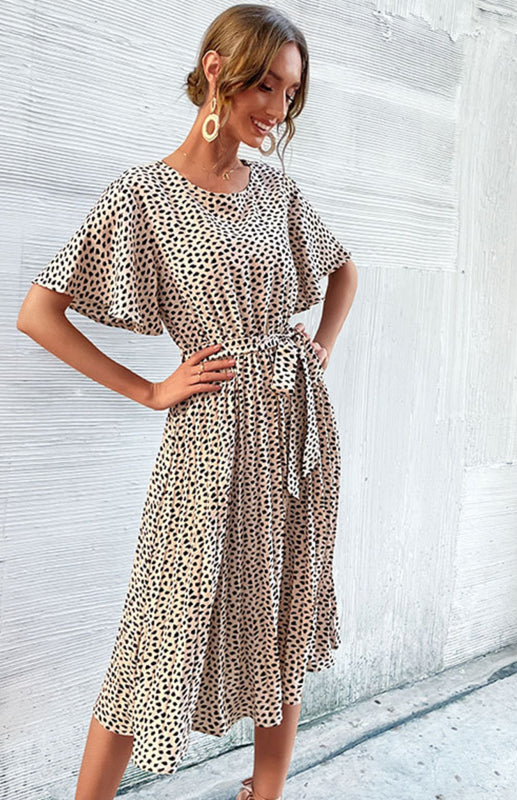 Crew Neck Leopard Print Tie-Up Fitted Dress