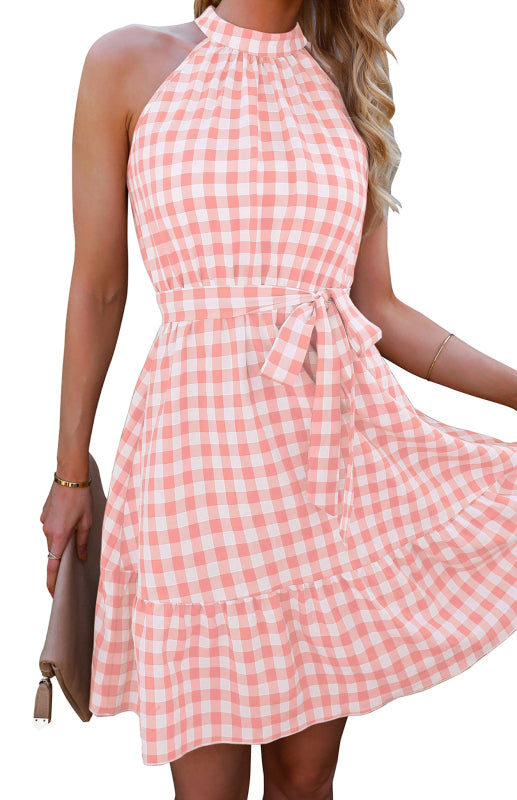 Ladies Spring Summer Fashion Wrap Chest Sleeveless Ruffle Plaid Dress