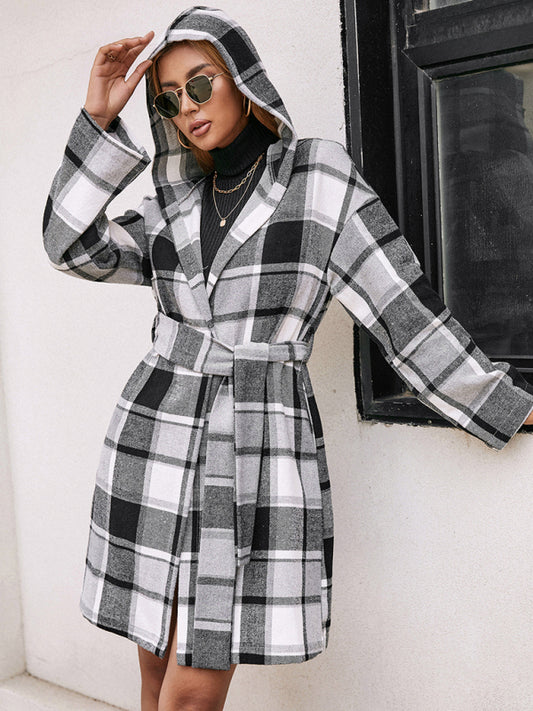 Loose Casual Checked Mid-Length Belted Hooded Wool Coat