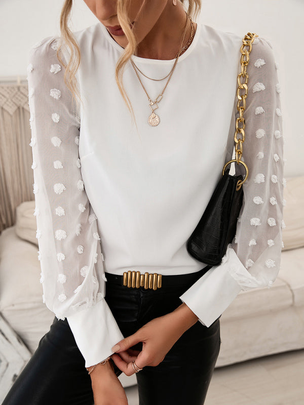 Round Neck Solid Jacquard Polka Dot Long Sleeve Top
