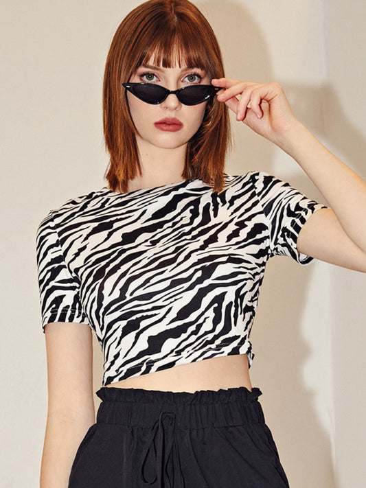 Women's zebra pattern printed short -sleeved short navel top
