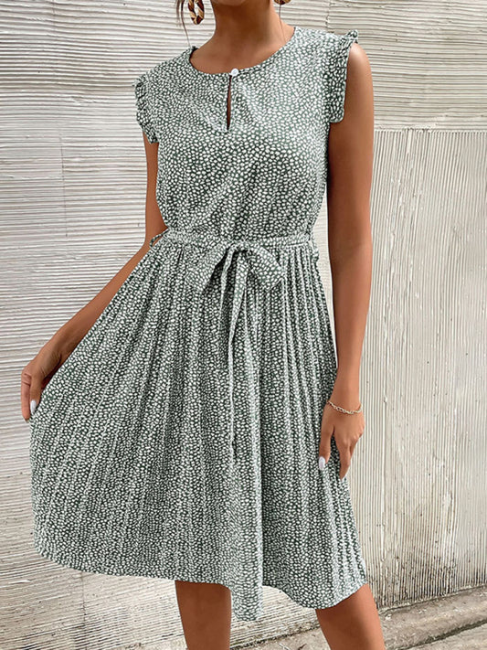 Casual Dress Lace-Up Pleated Green Floral Dress