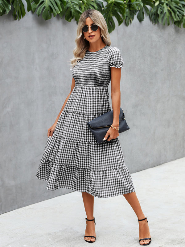 Women's fashion Plaid print pleated short sleeved dress