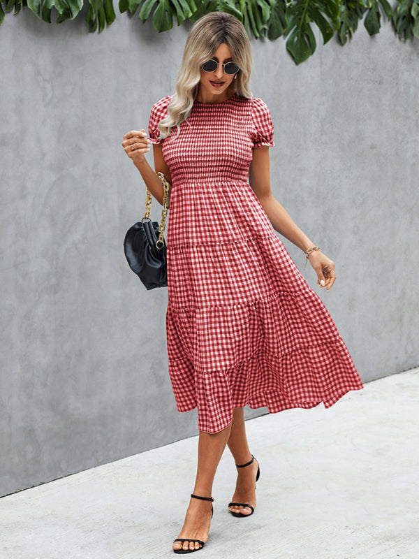 Women's fashion Plaid print pleated short sleeved dress