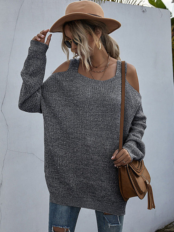 Women’s Chic Oversize Cold Shoulder Ribbed Sweater
