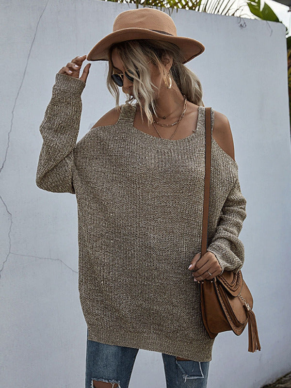 Women’s Chic Oversize Cold Shoulder Ribbed Sweater