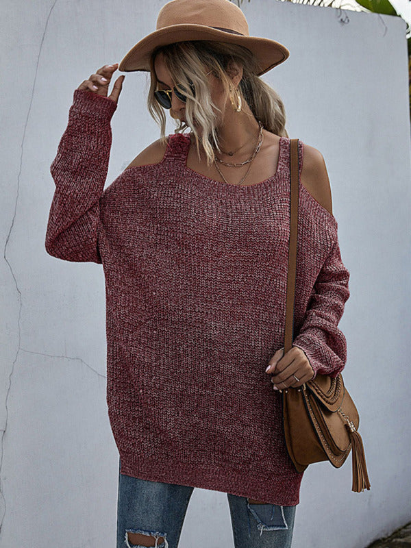 Women’s Chic Oversize Cold Shoulder Ribbed Sweater